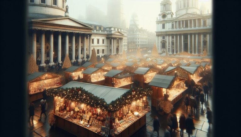 Mercatini di Natale a Londra con luci festive e decorazioni