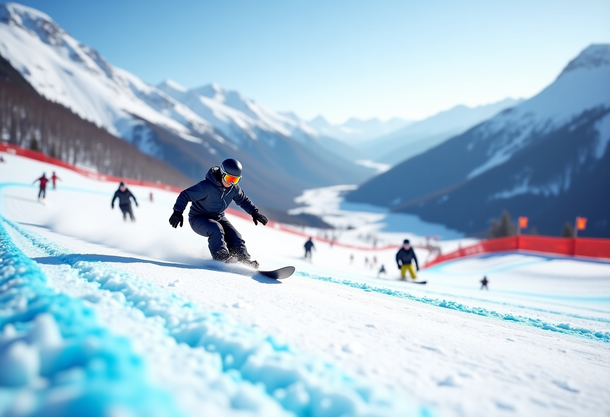 Atleta in azione durante una gara di snowboard cross