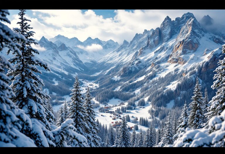 Panorama delle Dolomiti con neve e alberi