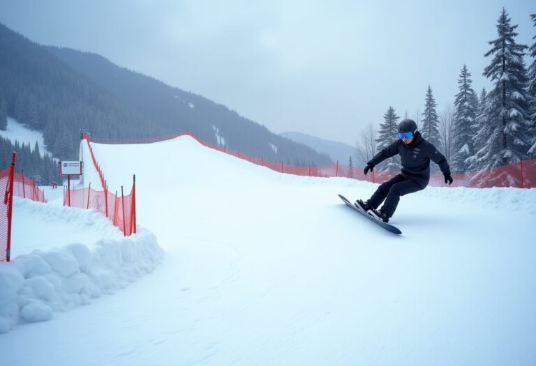 Atleta in azione durante una gara di snowboard cross