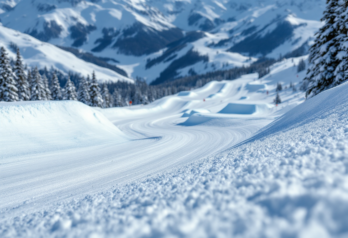 Atleti che competono nello snowboard cross su una pista innevata