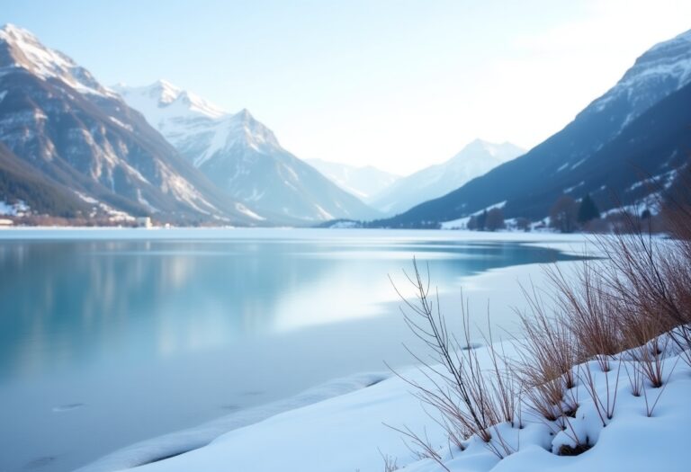 Vista invernale del Lago di Garda con neve e avventure