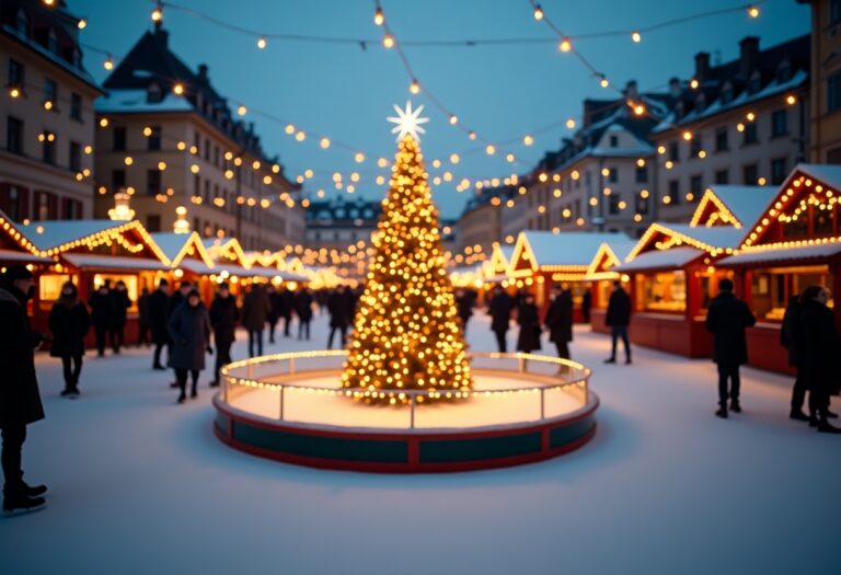 Mercatino di Natale a Lucca con luci e bancarelle