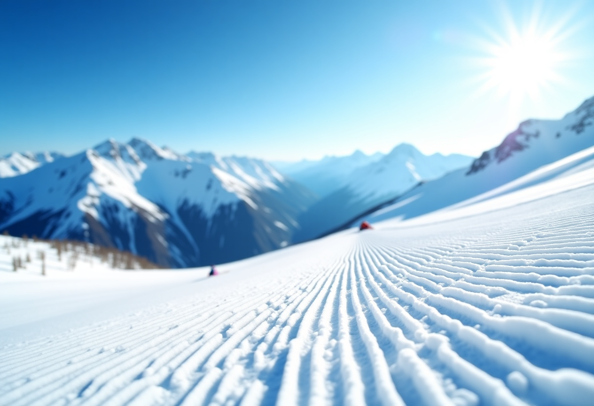 Famiglia che scia insieme sulle montagne innevate