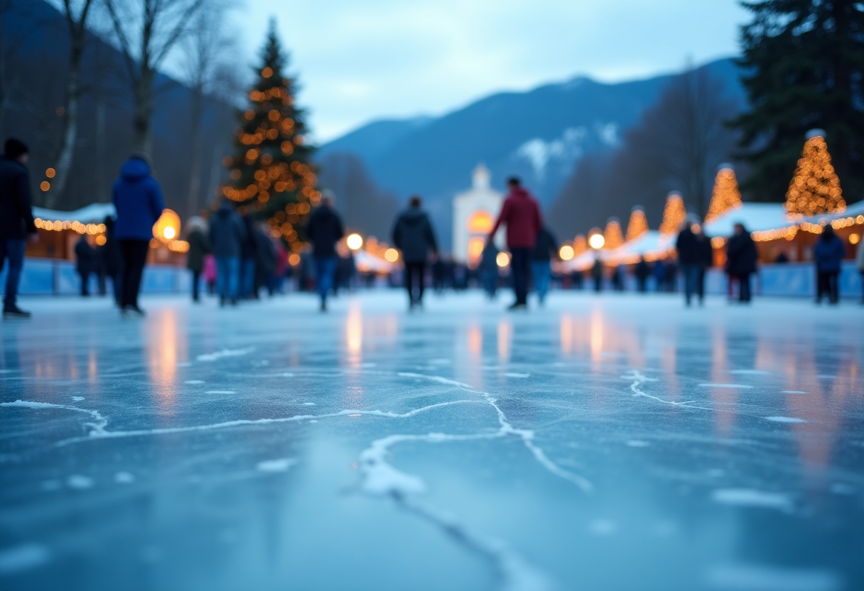 Pista di ghiaccio illuminata a Lugano durante il Natale