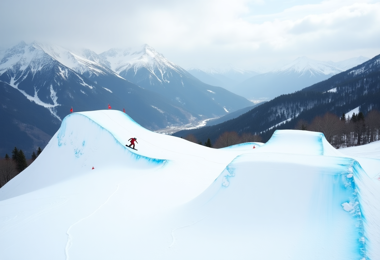 Atleta in azione durante una gara di snowboard cross