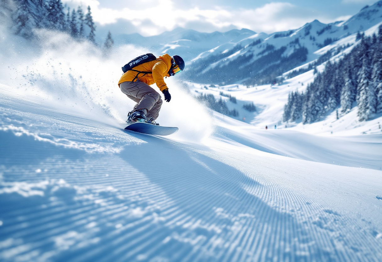 Atleta in azione durante una gara di snowboard cross