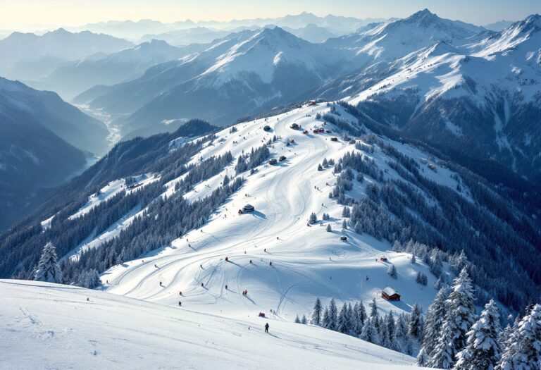 Panorama innevato di Andorra con sciatori in azione