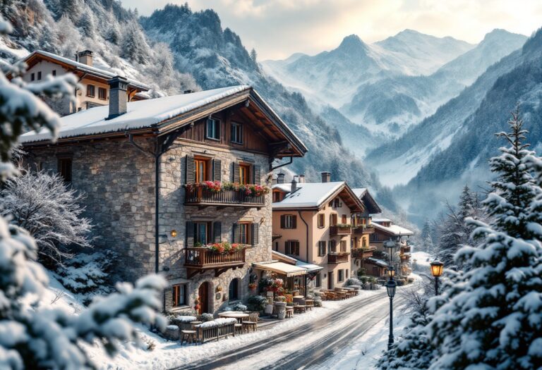 Panorama di un borgo di montagna innevato in inverno