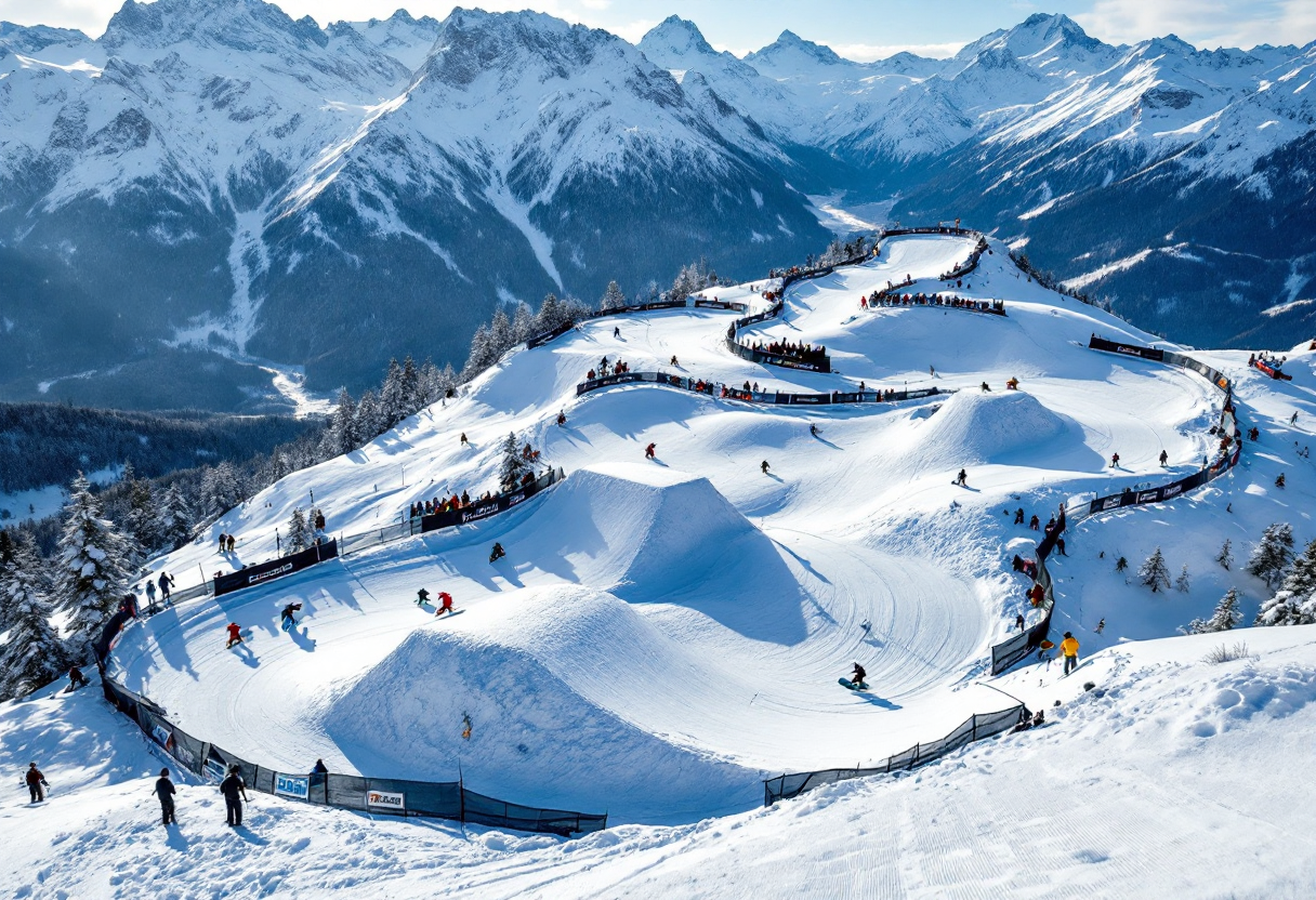 Atleti in azione durante una gara di snowboard cross