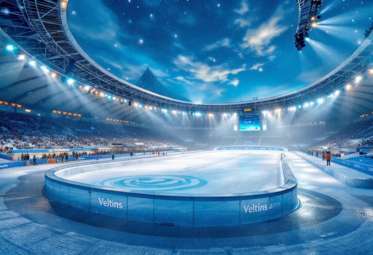 Atleti in azione durante una gara di biathlon nella Veltins Arena