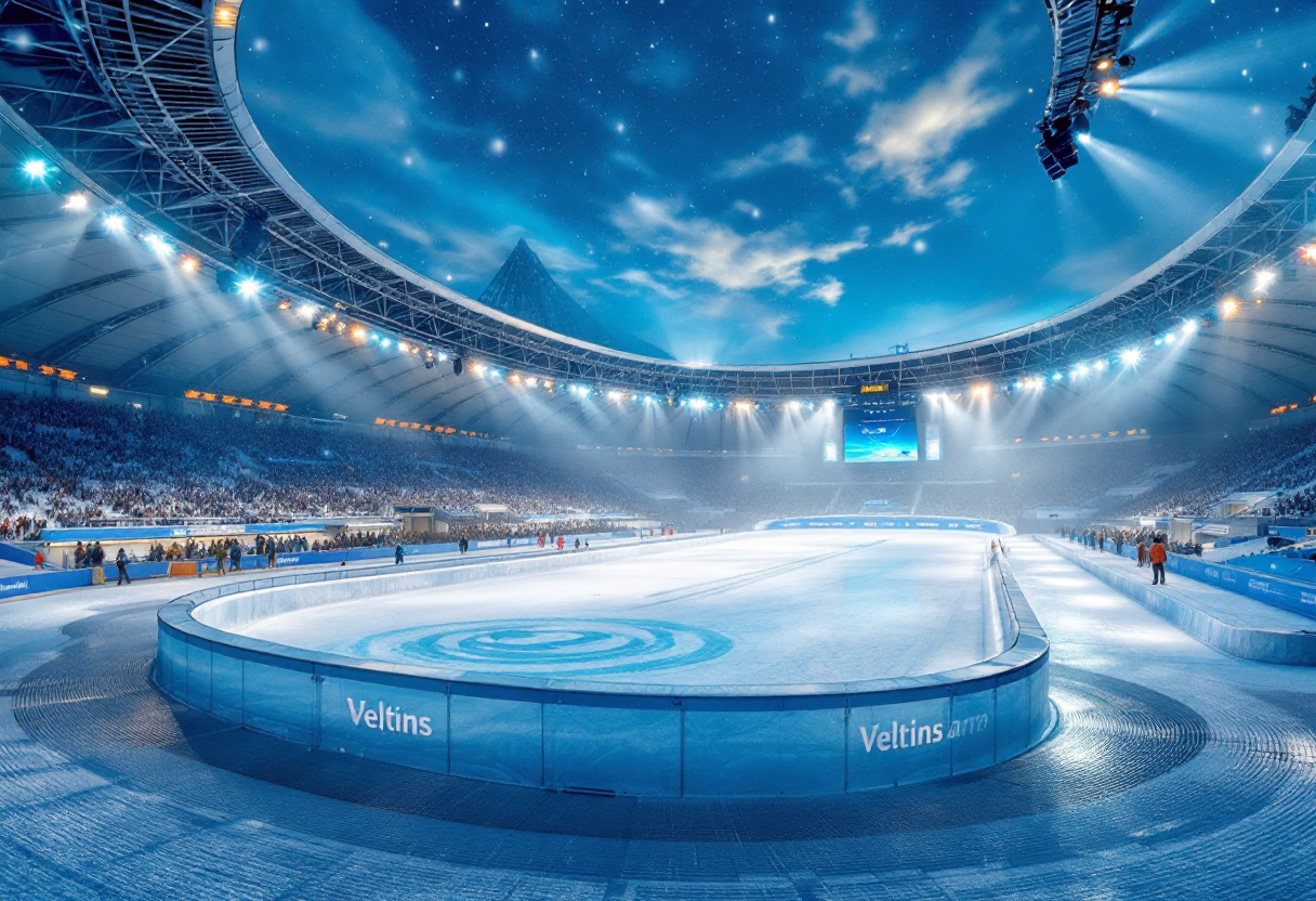 Atleti in azione durante una gara di biathlon nella Veltins Arena