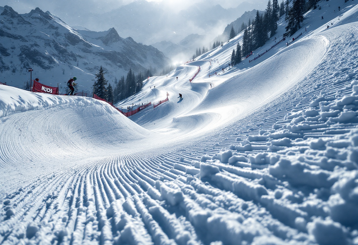 Atleti in azione durante una gara di snowboard cross