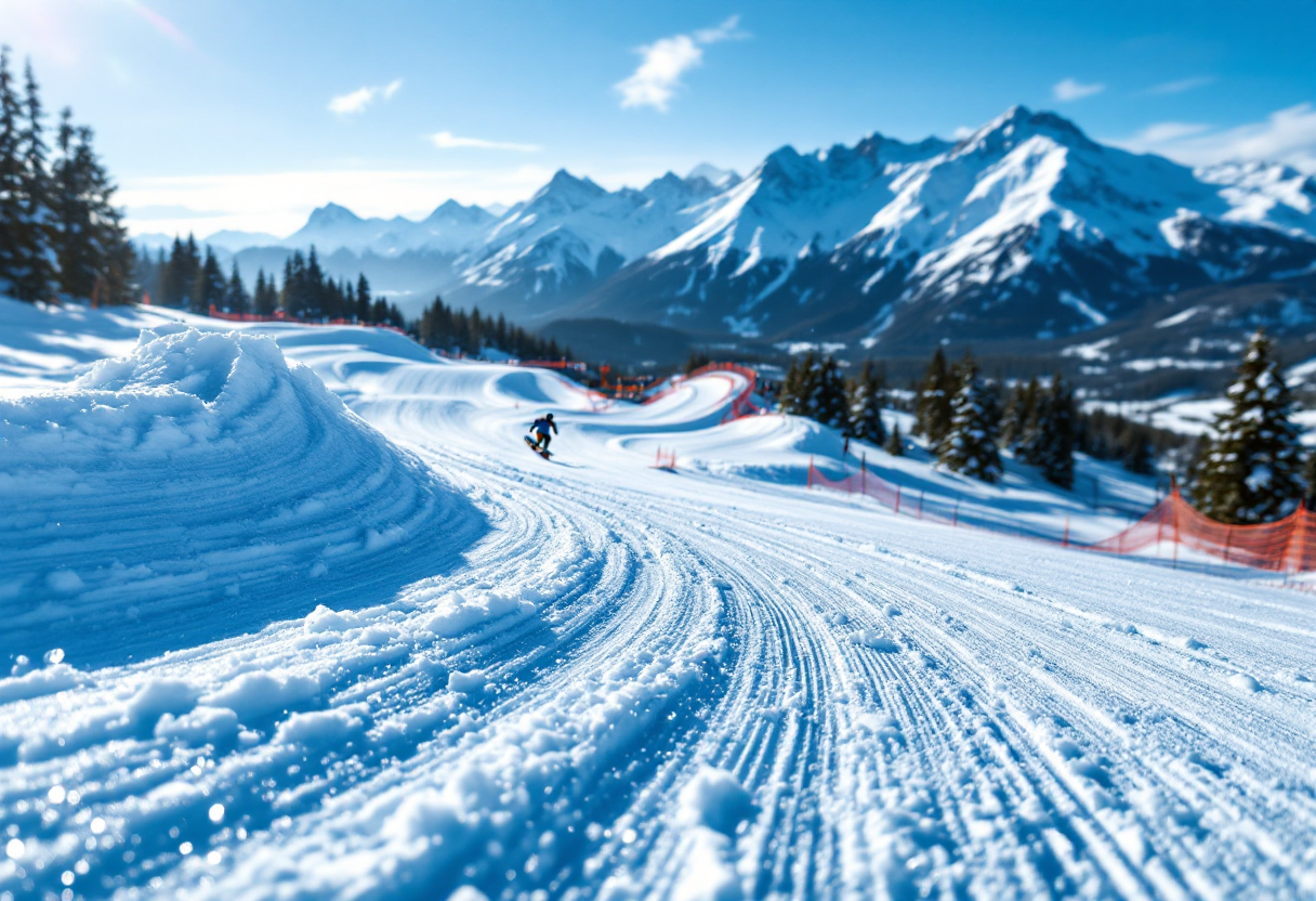 Atleta in azione nello snowboard cross su una pista innevata