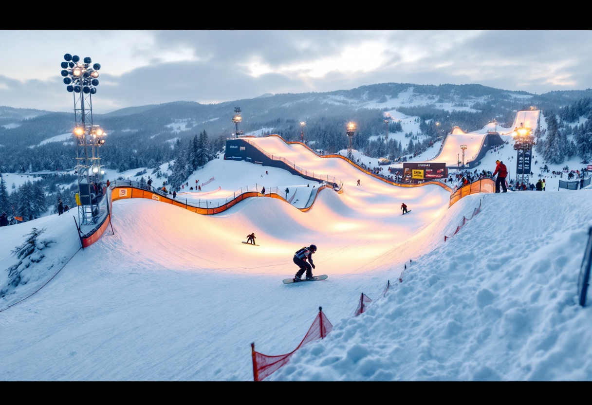 Atleti in azione durante una gara di snowboard cross