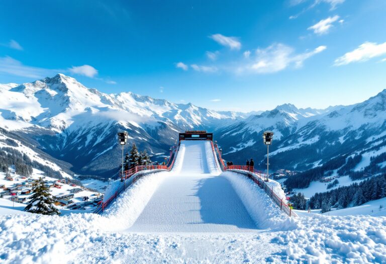 Atleta in volo durante una gara di salto con gli sci