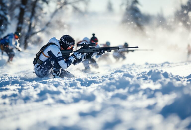 Atleta in azione durante una gara di biathlon