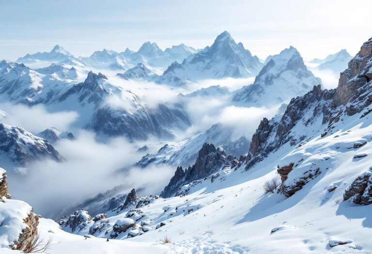 Paesaggio montano invernale con sportivi e relax