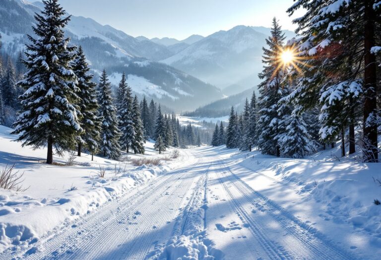 Scena di sci di fondo nella valle Venosta con paesaggio innevato