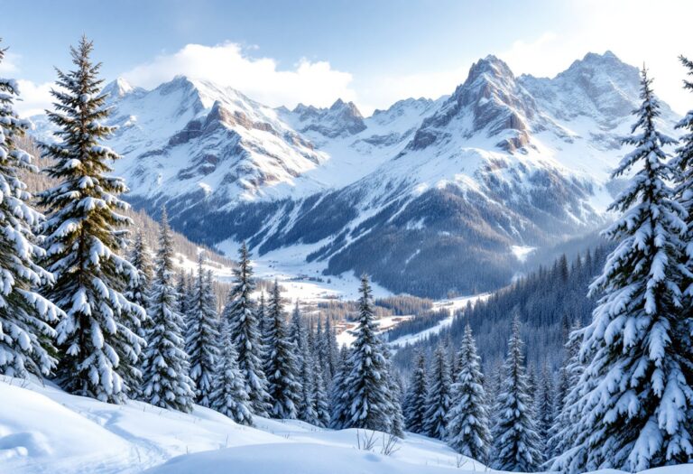 Scenari innevati della Valle D'Aosta con sciatori