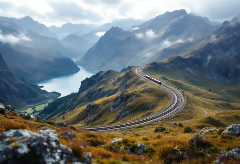 Treno che attraversa i fiordi norvegesi circondati da montagne