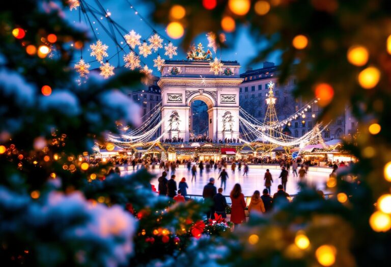 Villaggio natalizio con luci e decorazioni all'Arco della Pace