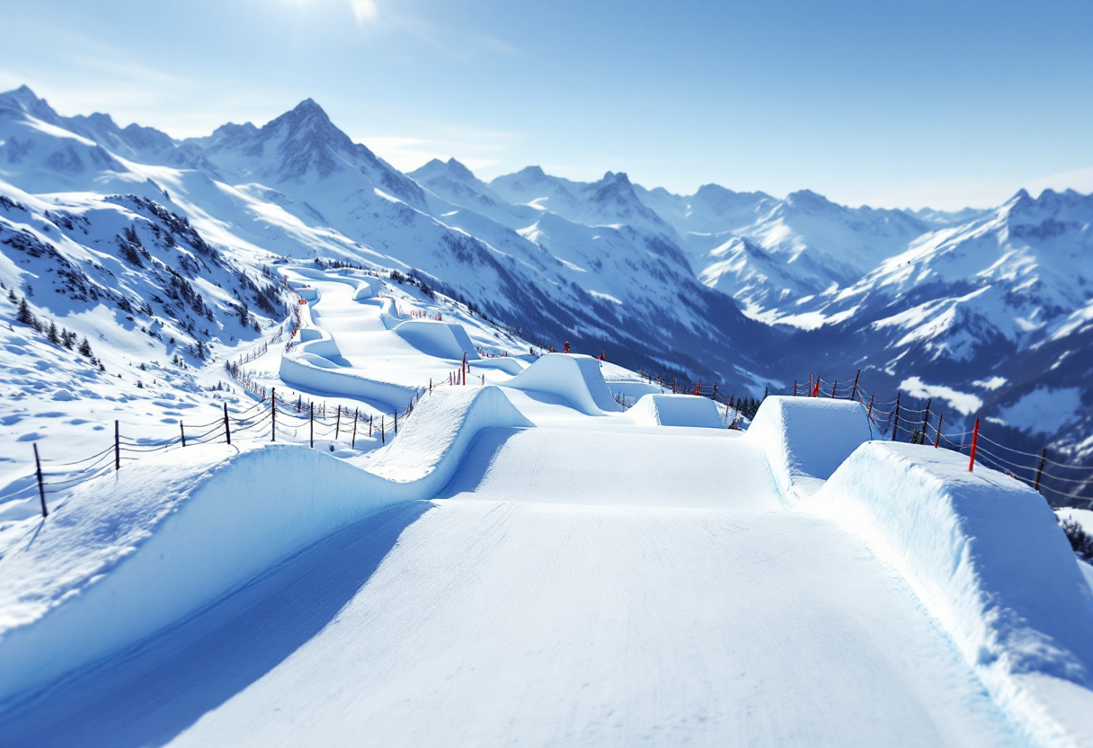 Atleta che gareggia nello snowboard cross su una pista innevata