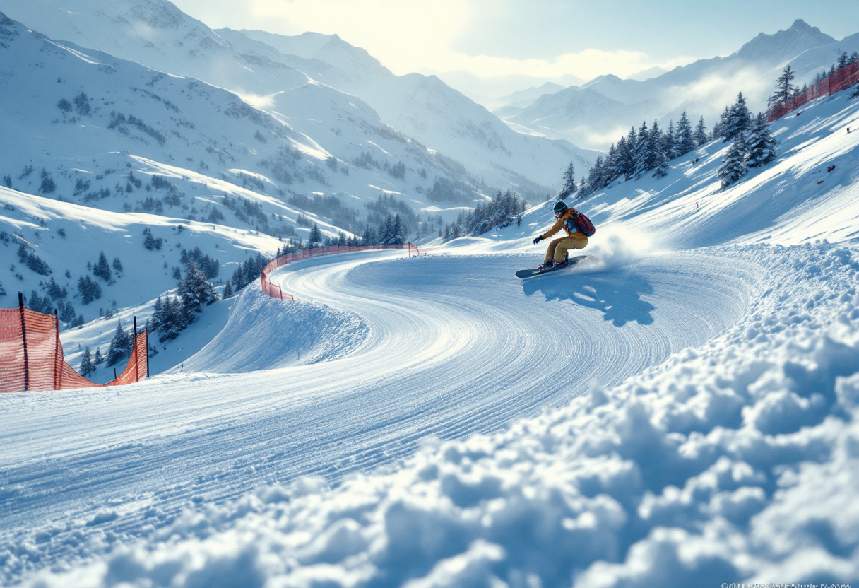 Atleta in gara durante una competizione di snowboard cross