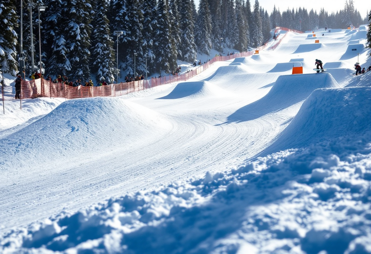 Atleta in azione durante una gara di snowboard cross