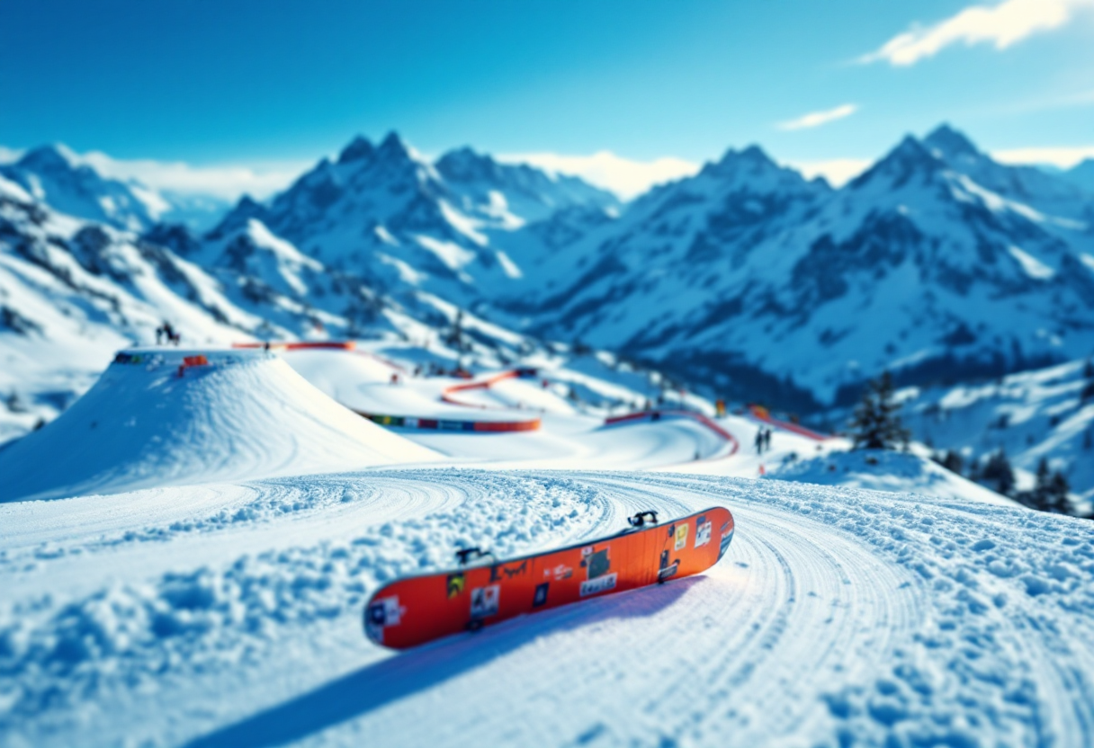 Atleta in azione durante una gara di snowboard cross