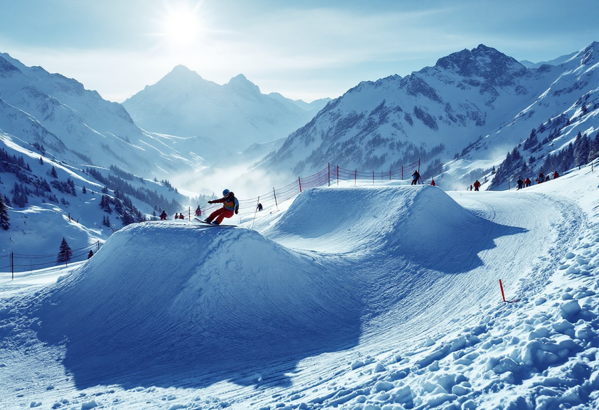 Atleta in azione durante una gara di snowboard cross