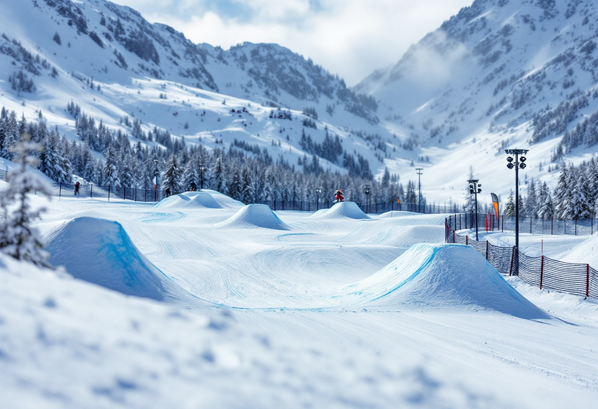 Atleta in azione durante una gara di snowboard cross