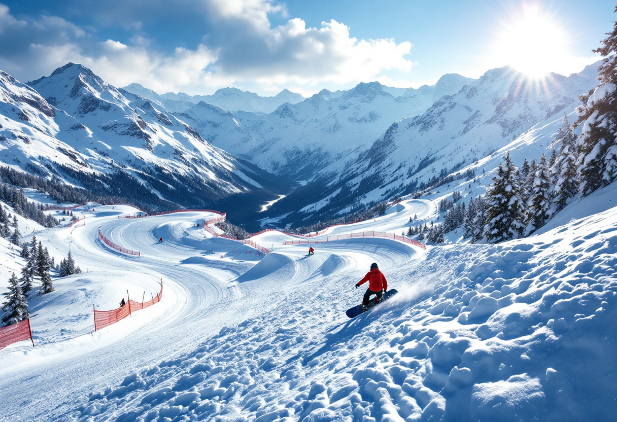 Atleta in azione durante una gara di snowboard cross