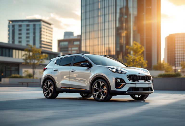 Kia Sportage ibrido in un paesaggio urbano moderno