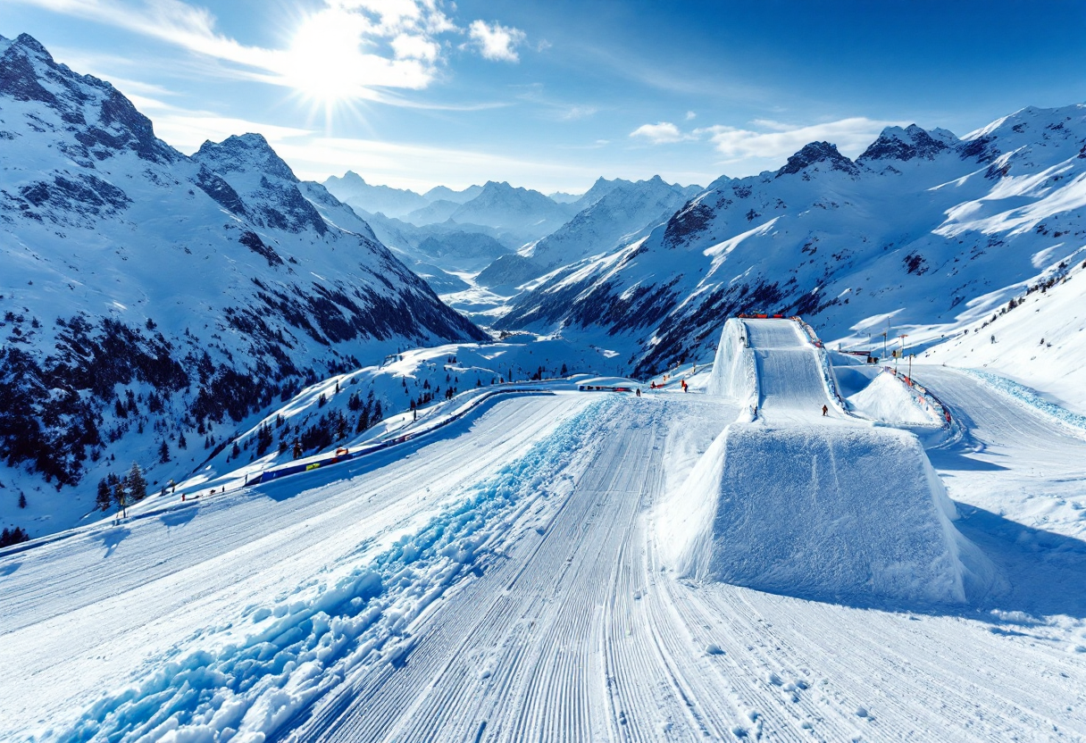 Atleta in azione durante una gara di snowboard cross